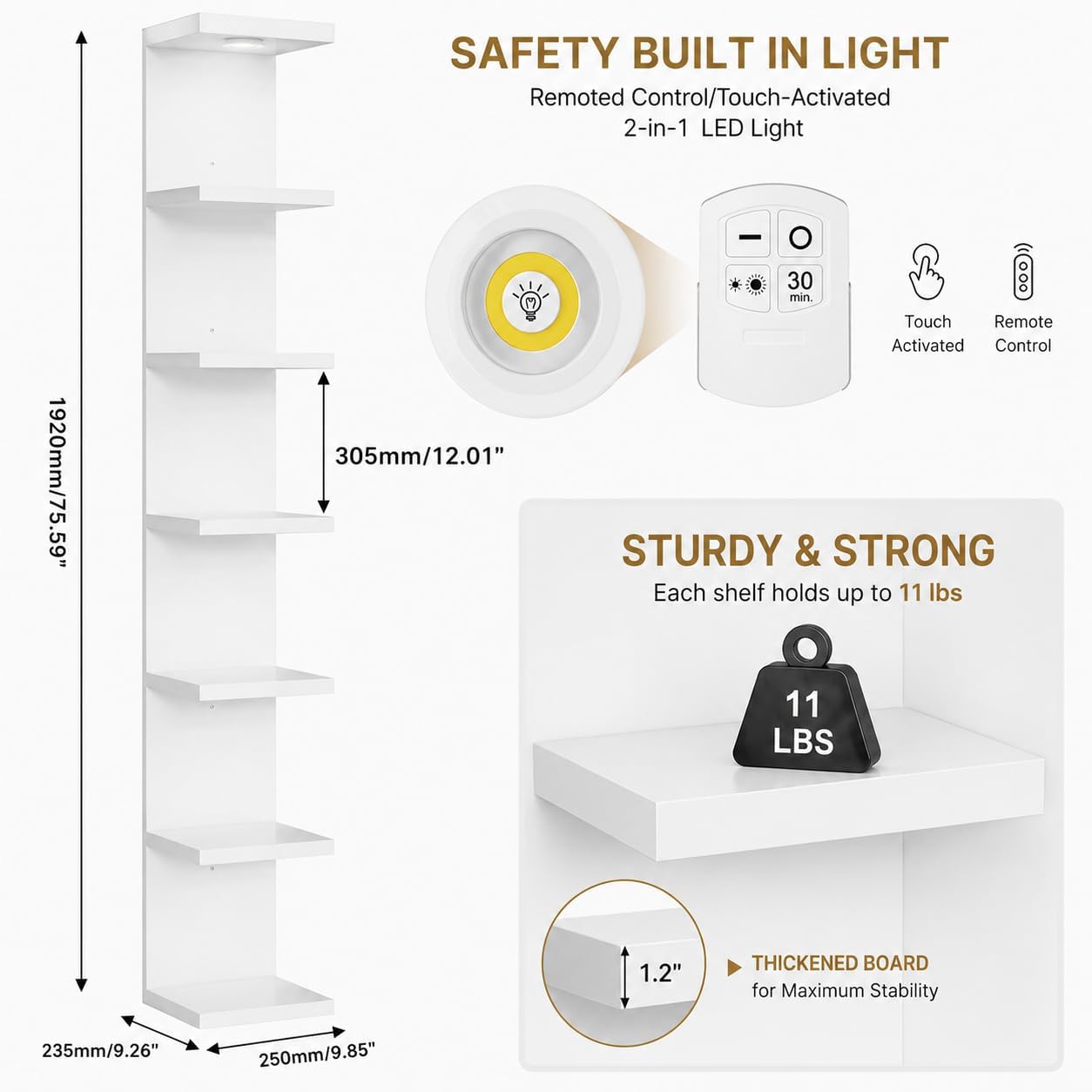 Yuyetuyo 7 Tier Floating Wall Shelf, White Floating Shelves for Wall with LED Light, Versatile Wall Shelf Unit for Bedroom Living Room Bathroom, Lack Shelf for Home Organizer Display