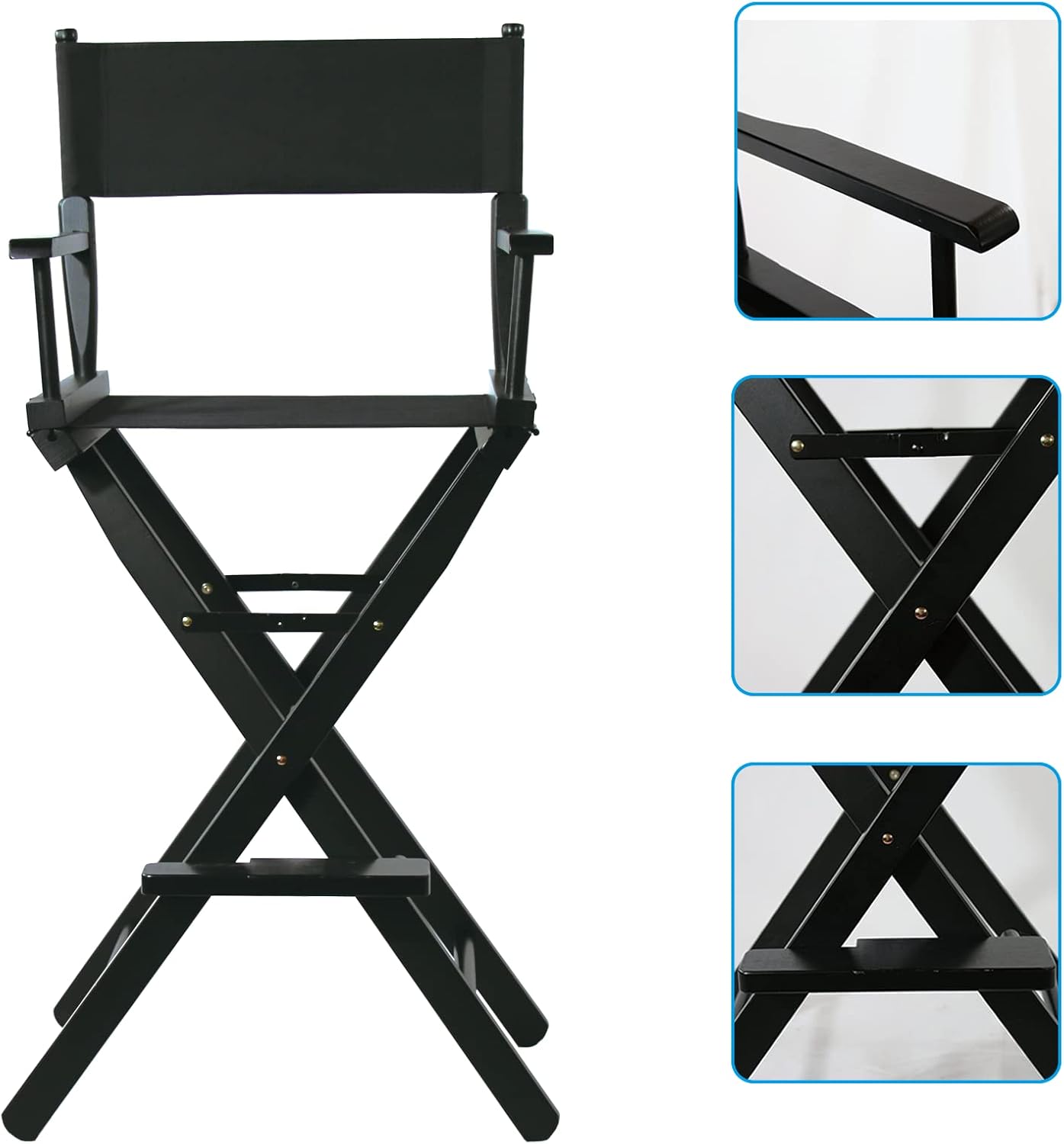 Tall Directors Chair Foldable 46'', Makeup Chair Black for Makeup Artist, 250lbs Capacity Solid Hardwood,Black