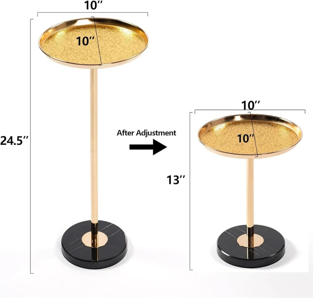 Martini Table Adjustable Drink Table, Small Round Side Table with Natural Marble Pedestal Base, Gold Accent Table for Living Room Sofa Couch, Art Deco End Table for Small Spaces