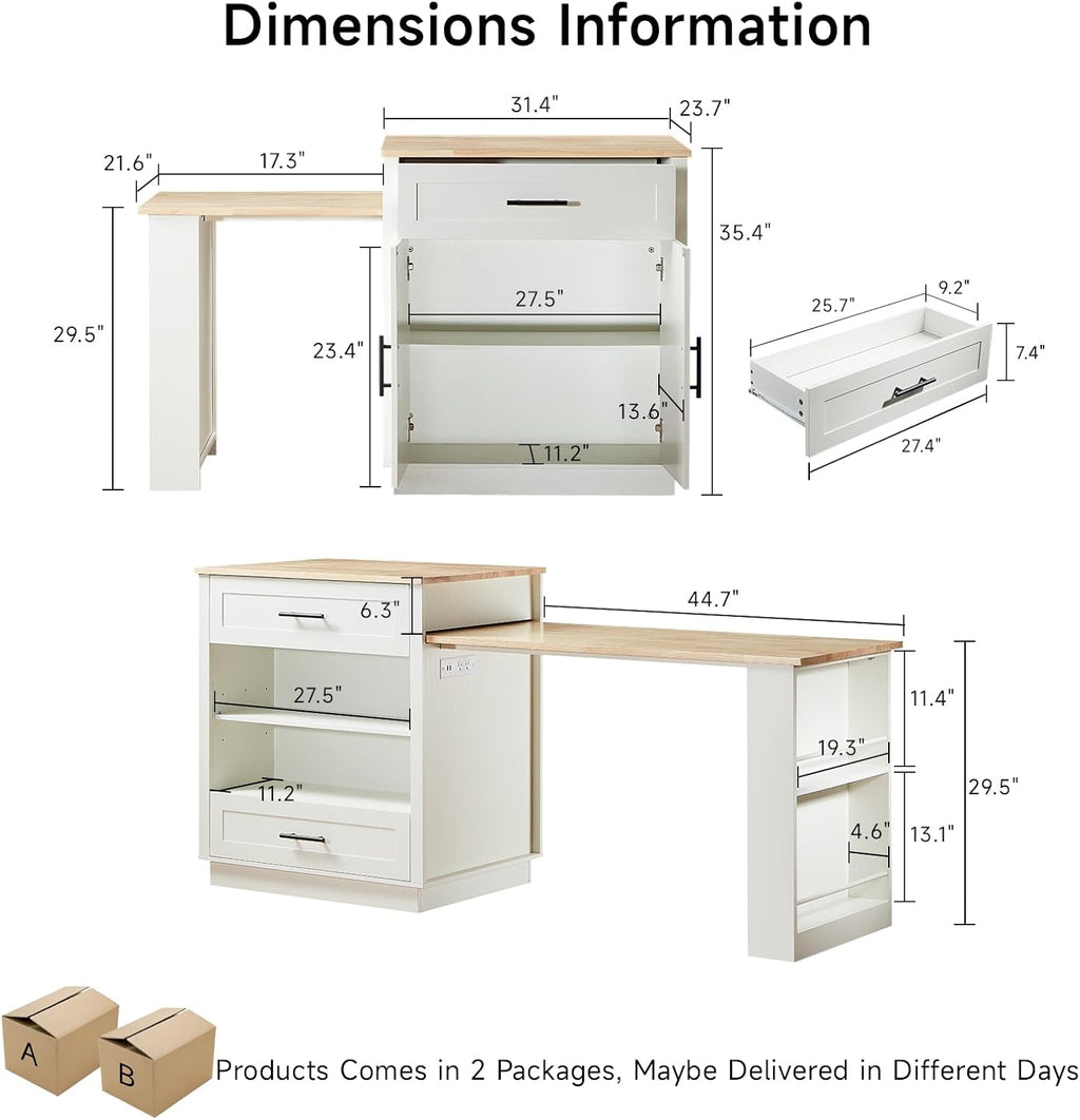 ONBRILL 76" Kitchen Islands with Extendable Dining Table, 2-4 Island Table with Double-Side Storage, Mobile Storage Islands Cart with Power Outlet & Spice Rack, White