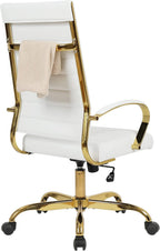LANDSUN Home Office Chair High Back Executive Chair Ribbed PU Leather Computer Desk Chair with Armrests Soft Padded Adjustable Height Swivel Conference Gold Frame White