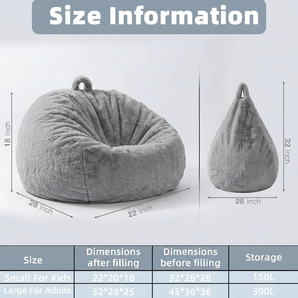 Faux Rabbit Fur Bean Bag Chair Cover Only (No Filler), Stuffed Animal Storage Bean Bag Cover, Ultra‑Soft, Washable, Zippered, Non‑Slip Bottom, Handle,Living Room Furniture for Adults Grey
