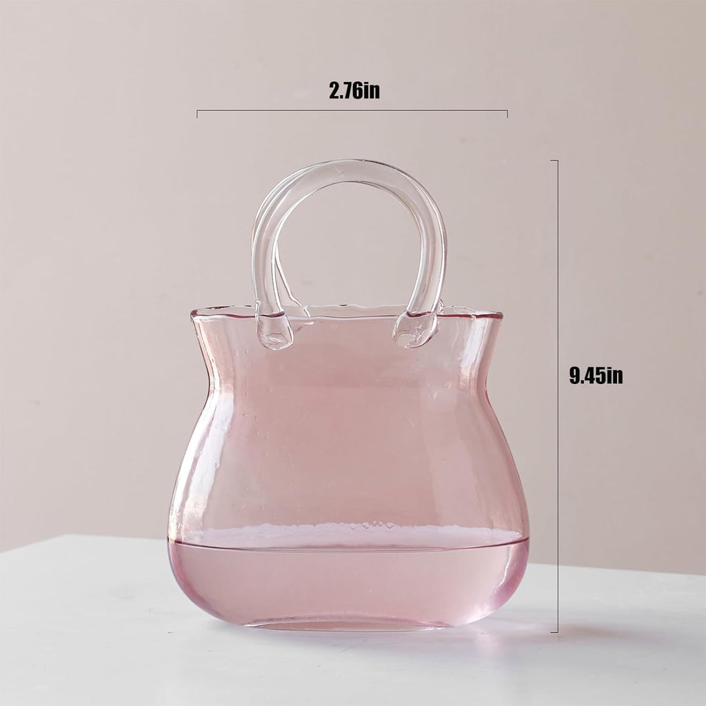 Glass Vase with Elegant Purse Design, Hand Purse vase with Fish Bowl, Unique Flower Vase with Handle and Bubbles - for Home Decor/Office/Garden/Wedding Decor/Enterpiece/Events (Purse Pink A)