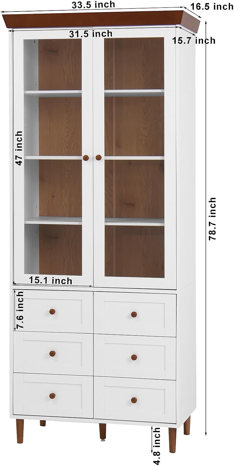 78.7'' Tall Kitchen Pantry Cabinet, Wooden Display Cabinet with 6 Drawer, 2 Glass Doors and 3 Adjustable Shelves, Freestanding Pantry Storage Cupboard for Dining Room and Kitchen, White