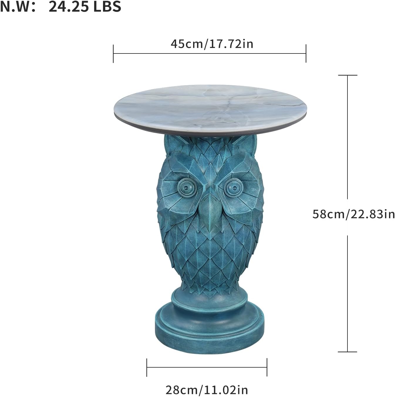 Luxury Owl Side Table, Blue Faux Marble Top Accent End Table, Decorative Animal Sculpture Furniture for Living Room, Bedroom, Entryway Home Decor