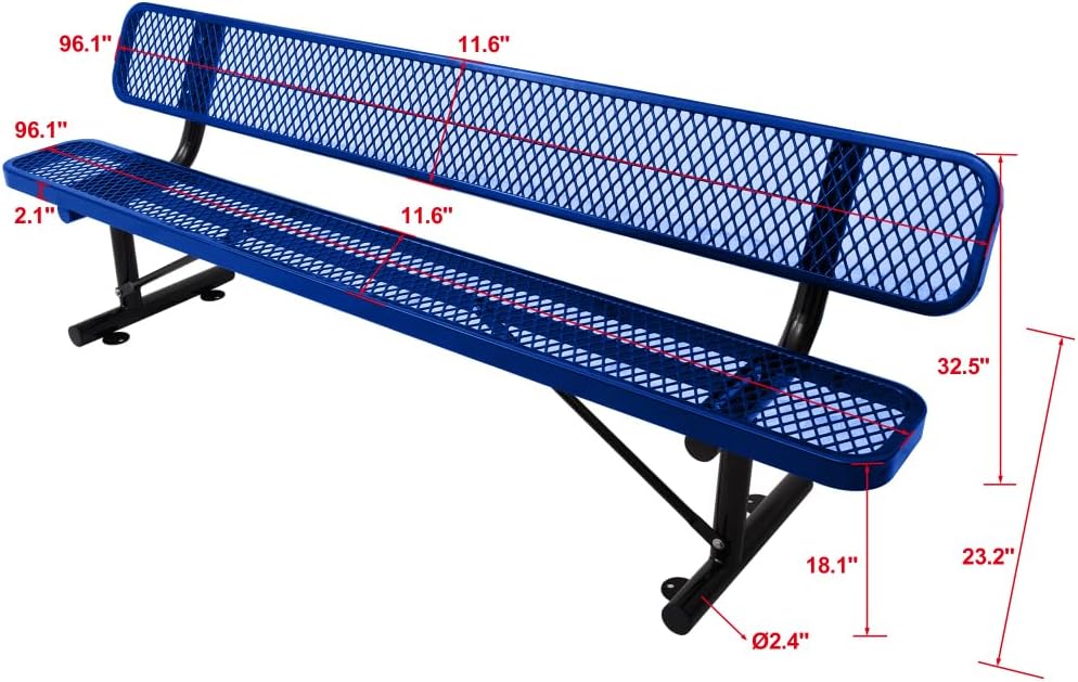Outdoor Steel Bench with Backrest for Lawn and Patio Use 96 Inch Long Powder Coated Frame