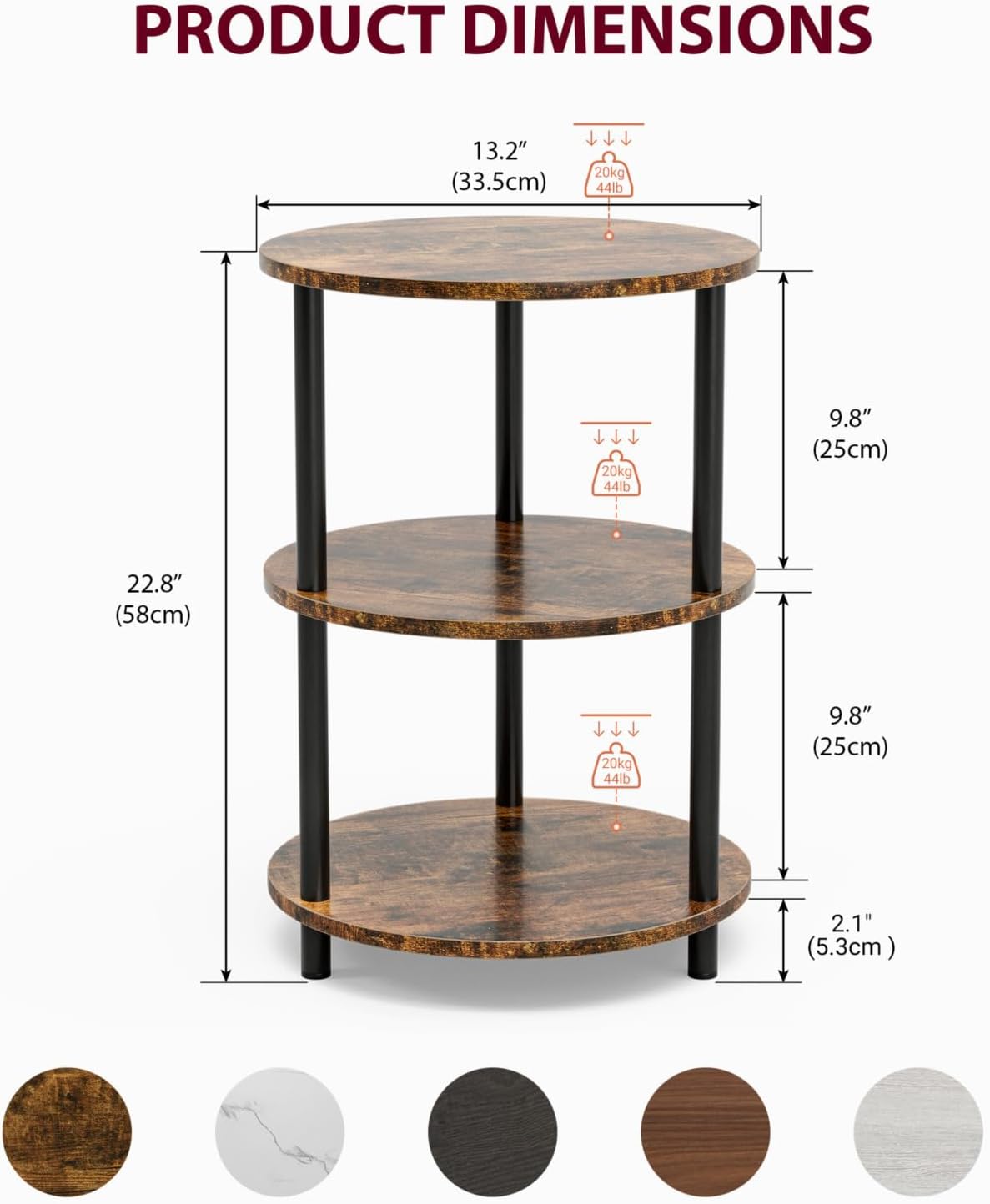 XBurmo Small Round Coffee Table - 3 Tier Design Accent Table, Narrow Side or Bedside Stand, Industrial Vintage Nightstand for Bedroom, Living Room, or Small Spaces, Rustic Brown