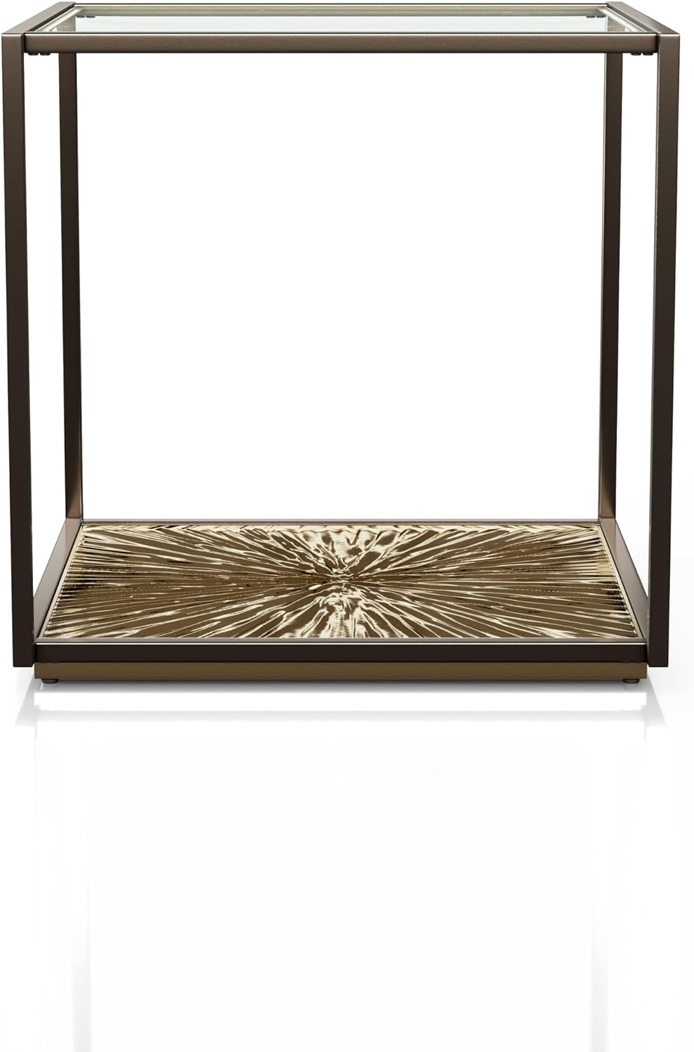 24/7 Shop at Home Aureum Modern 24-inch 1-Shelf Glass Top End Table with Sunburst Bottom Panel, Metal Frame for Living Room, Office, Antique Gold & Black
