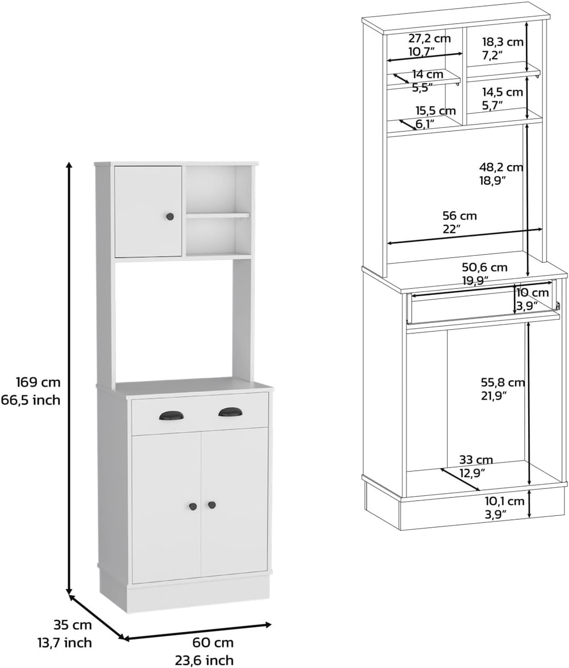 Kitchen Pantry 67" H, Two Cabinets, Three Doors, Two Open Shelves, One Drawer, Microwave Storage Option,for Kitchen