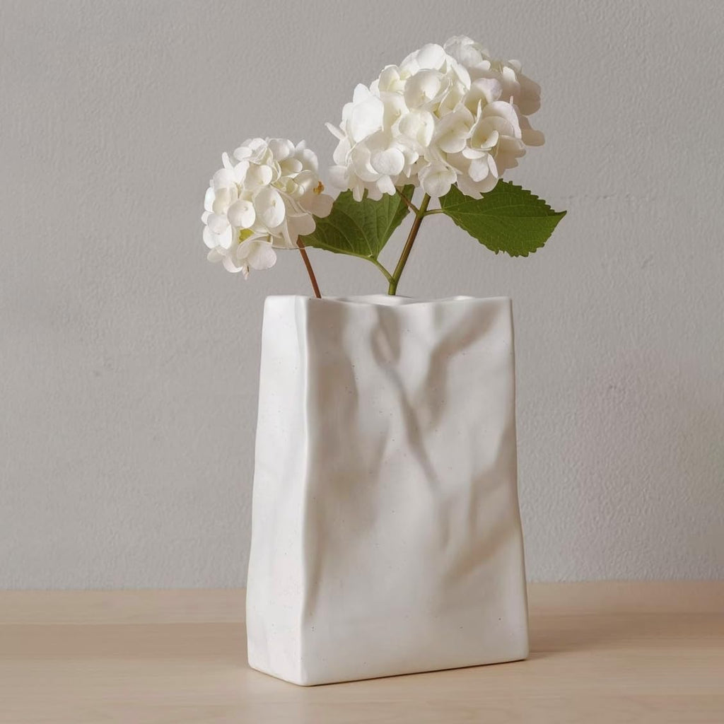 WENSHUO Crinkle Paper Bag Ceramic Vase, Modern Aesthetic Flower Vase for Home Decor, Unique Matte Ceramic Paperbag Vase for Flower Arrangement, Bookshelf Desk Decorative Ornament, Quirky Gift