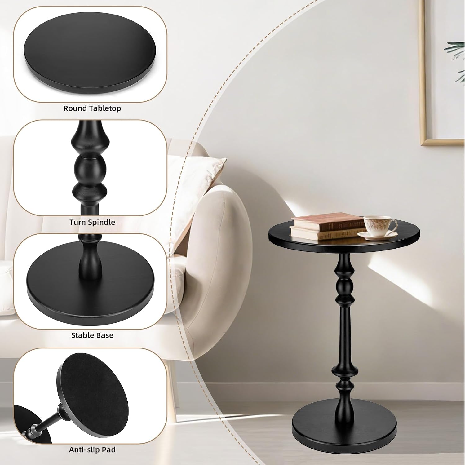 Solid Wood Round Side Table, 15.75" Small Drink Table with Non-Slip Pedestal Base, Modern End Table Accent Table for Living Room and Bedroom, Black