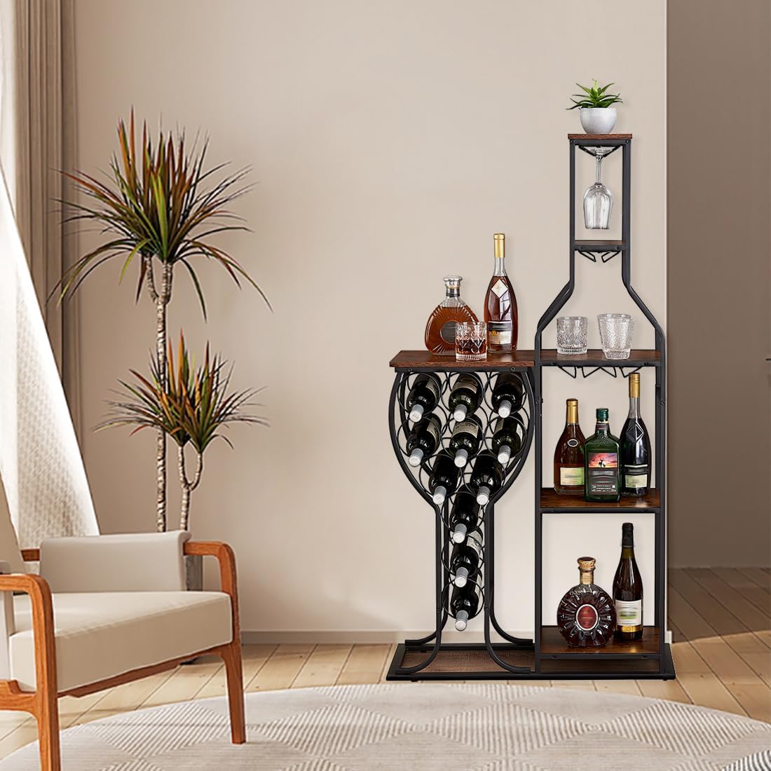 5-Tier Wine Rack Freestanding Floor, 11 Bottles Modern Wooden Wine Holder-Storage Cabinet for Home Bar, Kitchen, Dining Room Space Saving Bar Stand with Easy Assembly.(Brown)
