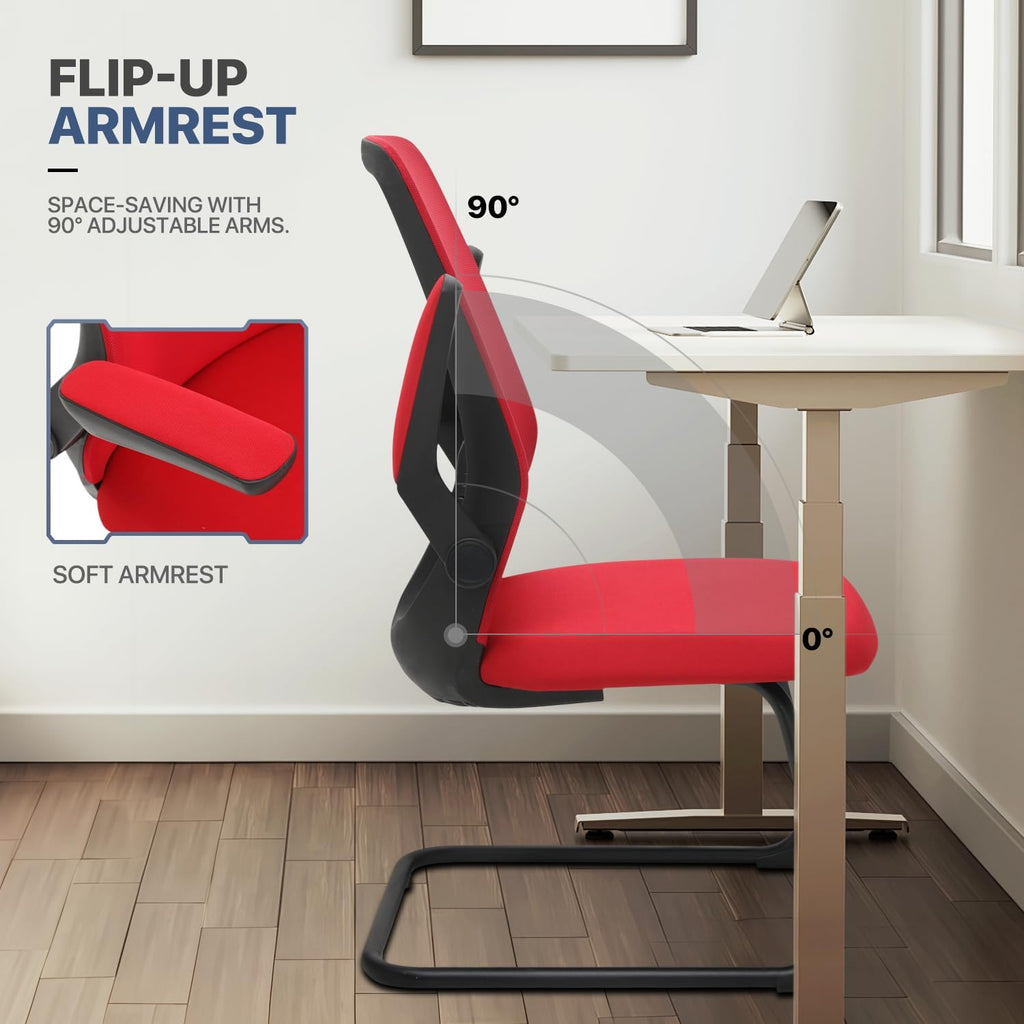 MoNiBloom Office Guest Chair Without Wheels, Lumbar Support Sled Chair Ergonomic Middle Back Task Chair with Flip-Up Arms for Reception Conference Wait Room 250 LBS Capacity, Set of 2, Red