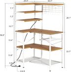 L-Shaped Bakers Rack with Power Outlet, 6-Tier Microwave Stand with Open Storage, Kitchen Shelf with Hooks, Coffee Bar with Wire Basket, White