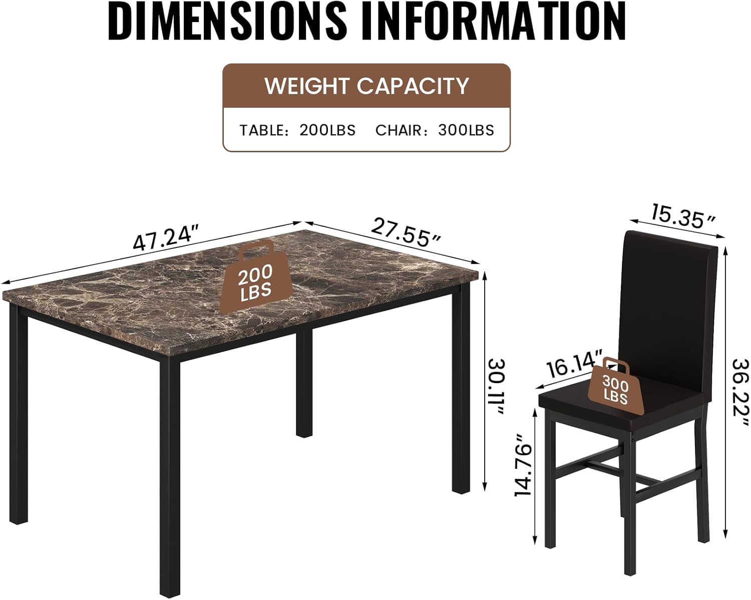 Hooseng 5 Piece Dining Table Set for 4, Faux Marble Kitchen Table with Upholstered Chairs, Modern Dinner Table Set for Dining Room, Apartment, Small Spaces, Brown＆Brown