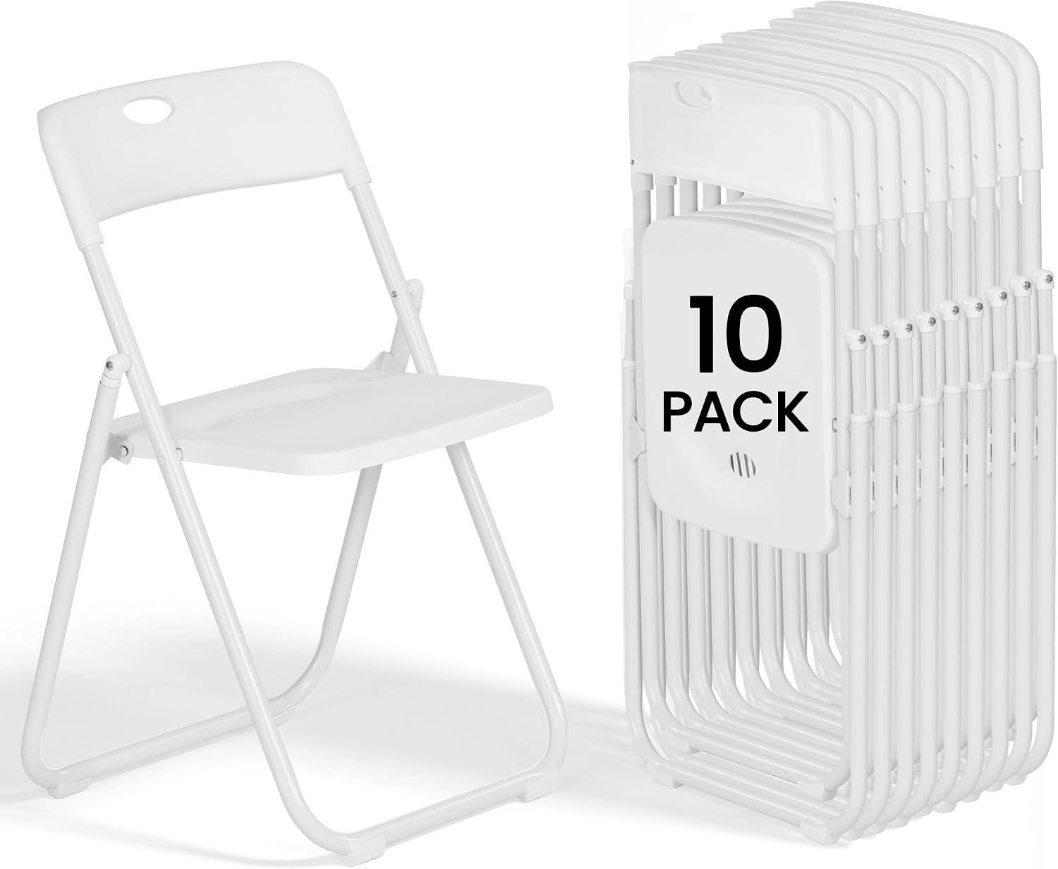 White Folding Chairs 10 Pack Foldable Plastic Stackable Sturdy Seats for Office Family Wedding Dinner Party Events Entertaining, Steel Frame, Heavy Duty 350 lbs Capacity