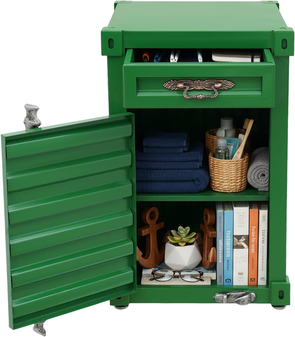 Industrial Metal Container Side Table, 3-Tier End Tables with Drawers, Bedside Table, Container Style Locker Wrought, Retro Style Metal Container Cabinet for Bar/Bedroom/Garage (Green)
