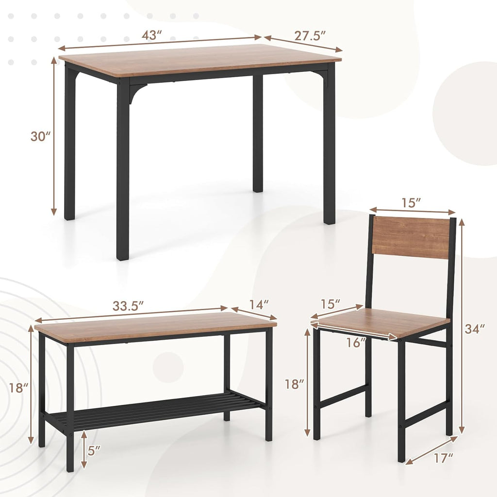 GOFLAME 4-Piece Dining Table Set for 4, Industrial Kitchen Table with 2 Chairs & Bench, Space Saving Breakfast Table Set with Storage Shelf and Metal Frame, Wooden Dinette for Dining Room, Walnut