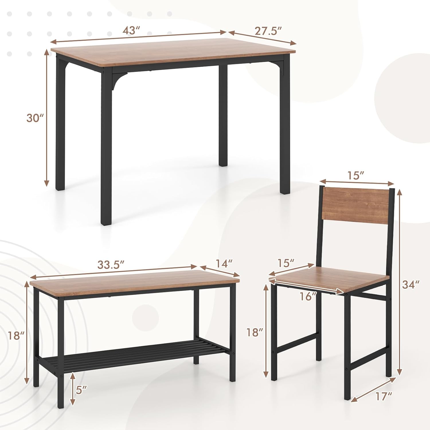 GOFLAME 4-Piece Dining Table Set for 4, Industrial Kitchen Table with 2 Chairs & Bench, Space Saving Breakfast Table Set with Storage Shelf and Metal Frame, Wooden Dinette for Dining Room, Walnut
