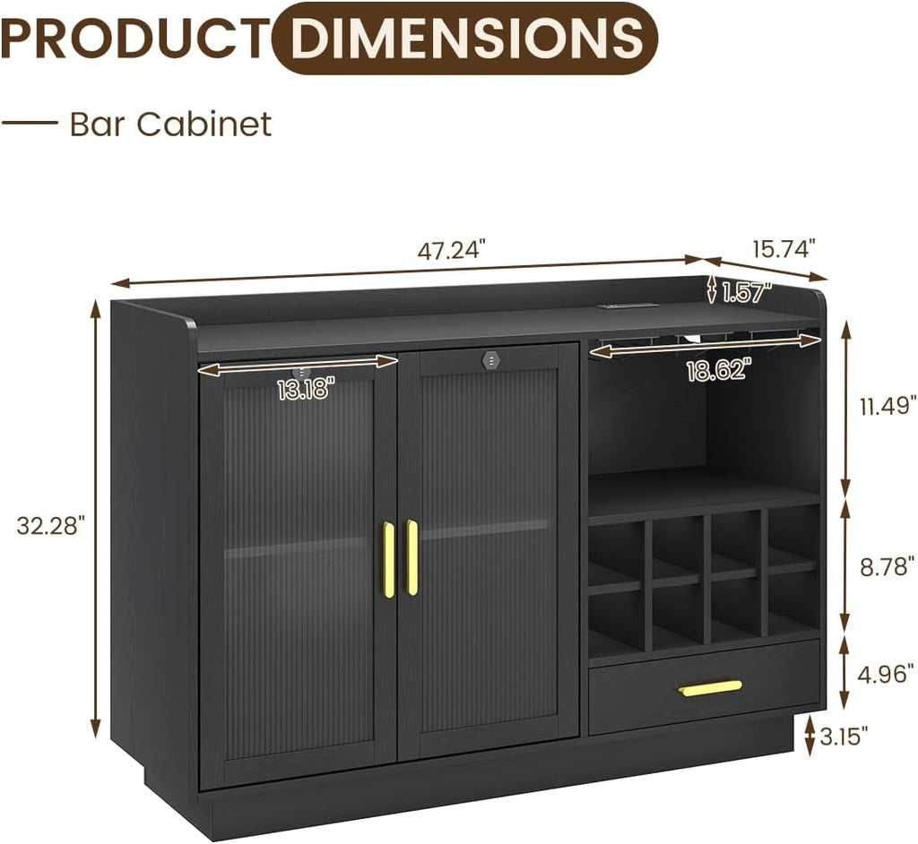 COCO DESIGN Modern Wine Bar Cabinet with LED Light & Locked Fluted Door, Black Floating Coffee Bar with Power Outlets & Glass Rack, Buffet Sideboard with Removable Wine Rack and Drawer for Living Room