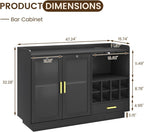 COCO DESIGN Modern Wine Bar Cabinet with LED Light & Locked Fluted Door, Black Floating Coffee Bar with Power Outlets & Glass Rack, Buffet Sideboard with Removable Wine Rack and Drawer for Living Room