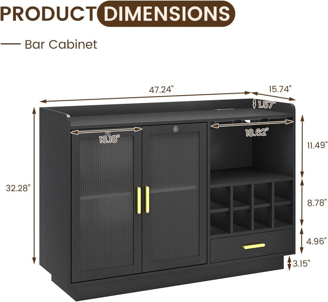 COCO DESIGN Modern Wine Bar Cabinet with LED Light & Locked Fluted Door, Black Floating Coffee Bar with Power Outlets & Glass Rack, Buffet Sideboard with Removable Wine Rack and Drawer for Living Room