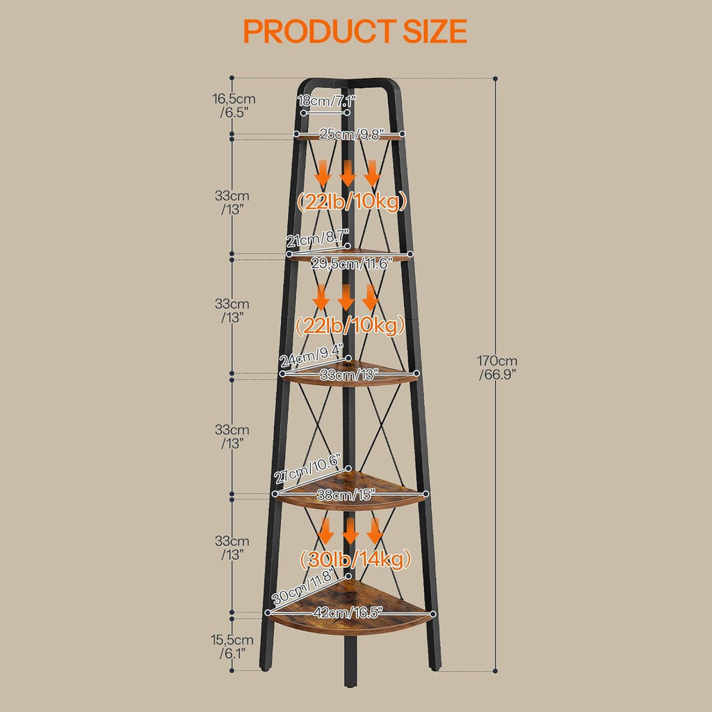 HOOBRO Corner Shelf, 5-Tier Corner Shelf Stand, 66.9" Tall Ladder Bookshelf, Industrial Corner Display Shelf Plant Stand for Living Room, Kitchen, Home Office, Rustic Brown BF145CJ01