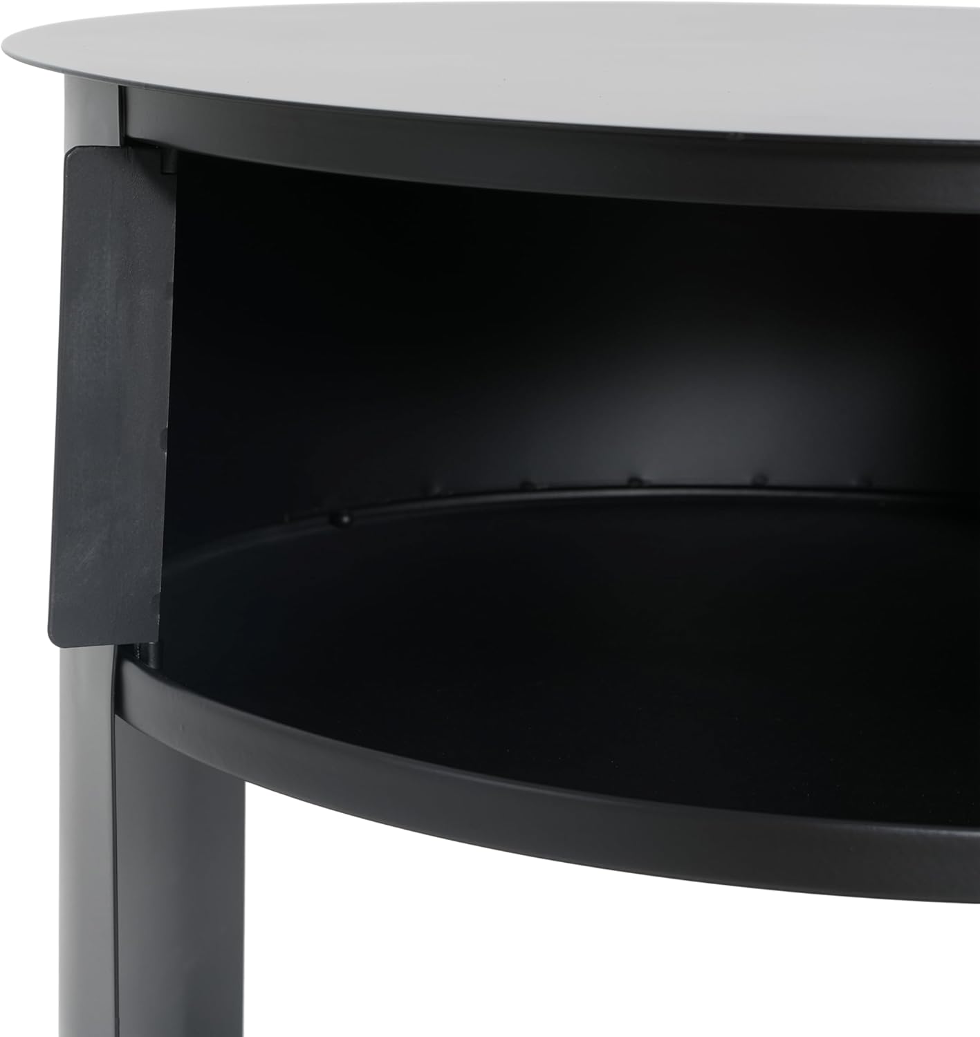 GDFStudio 3-Tier Modern Round Side Table with Sliding Door Storage, Pre-Assembled Matte Black Metal End Table for Living Room or Office – Space-Saving Cylindrical Design with Open Shelves