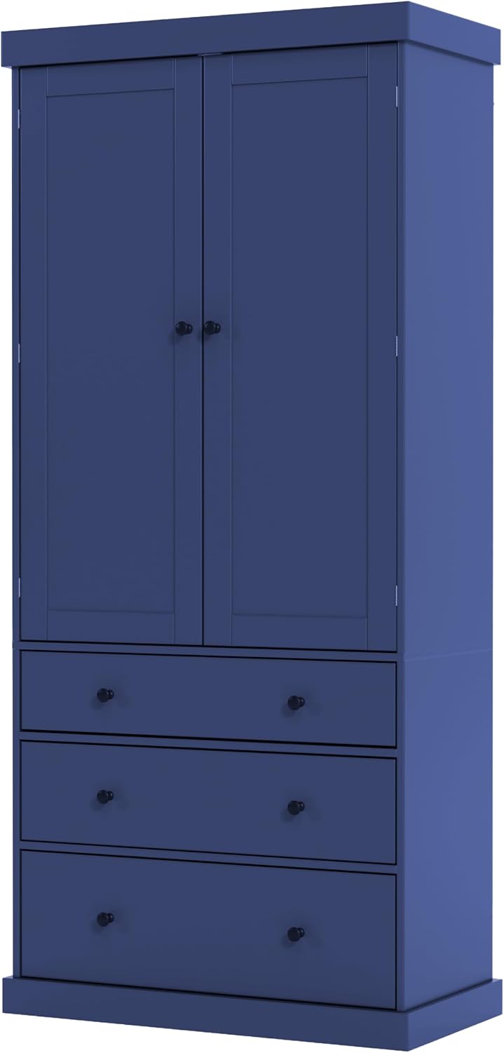 Tall Kitchen Pantry Cabinet Wood Freestanding Large Cupboard with 3 Drawers, 8 Door-Shelf and Adjustable Shelves for Dining Room (Blue)