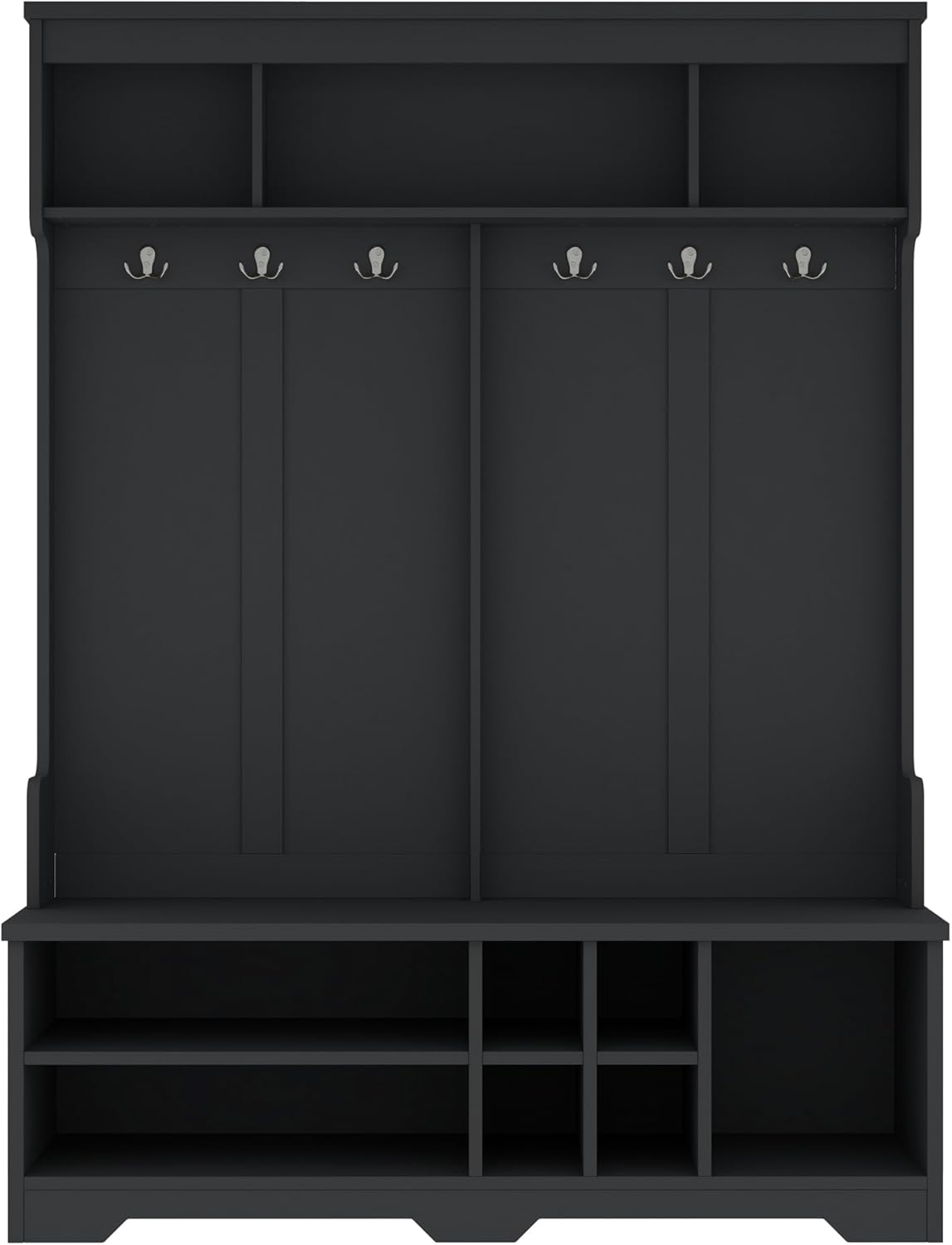 KEIKI Entryway Hall Tree with Bench and Shoe Storage, Coat Rack with 6 Hooks and Shoe Cubbies, Hall Tree Organizer Coat Rack with Shoe Storage for Entryway Hallway, Black