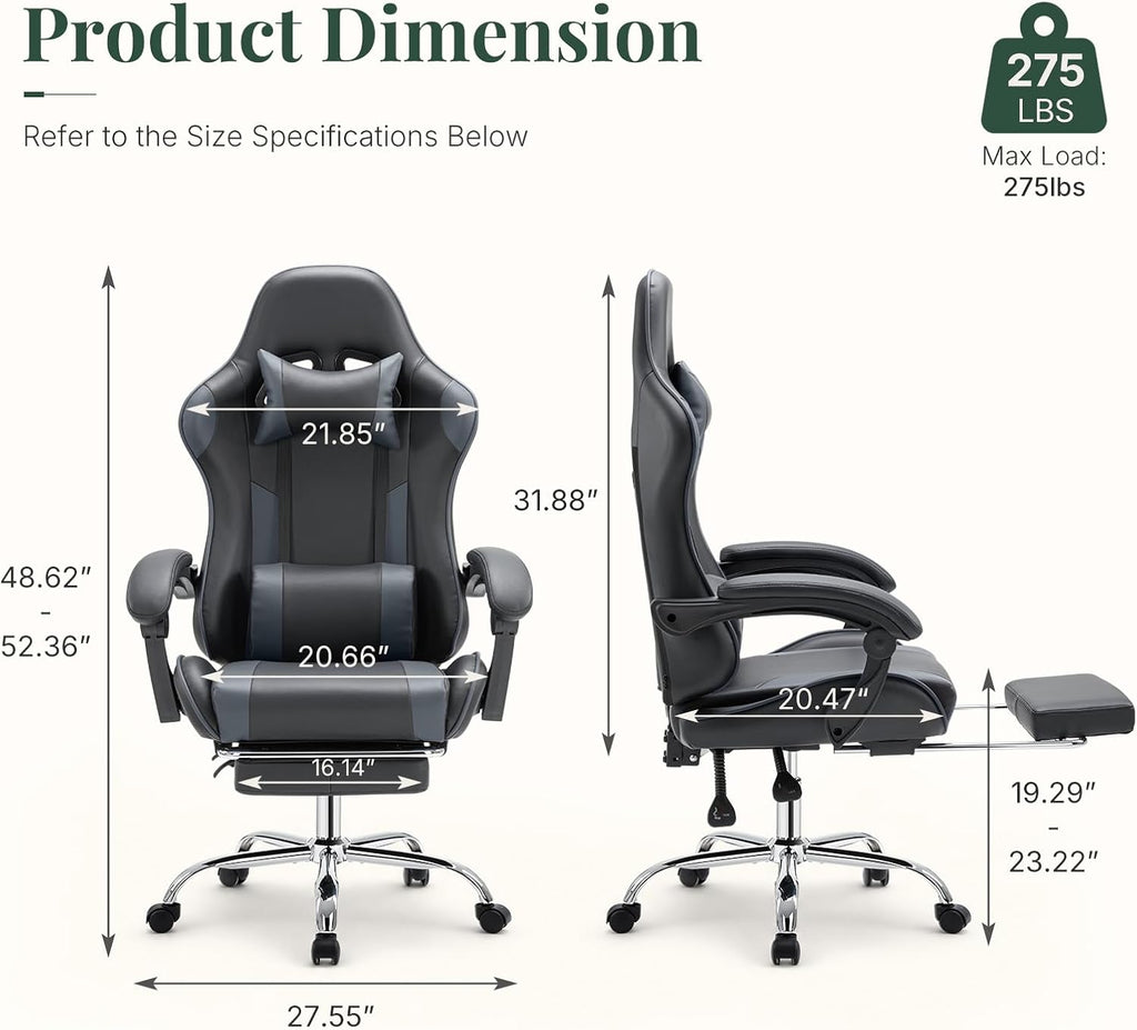 Computer Gaming Chair with Footrest, Ergonomic High Back PU Leather Video Racing Chair with Adjustable Headrest & Linkage Armrest, for Office and Home, Adults, Grey