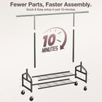 Heavy Duty Clothes Rack, Rolling Clothing Rack Load 650 LBS for Hanging Clothes with 2 Sturdy Shelves, Metal Garment Rack with Wheels for Bedroom, Retail Store, Silver-Black, Large