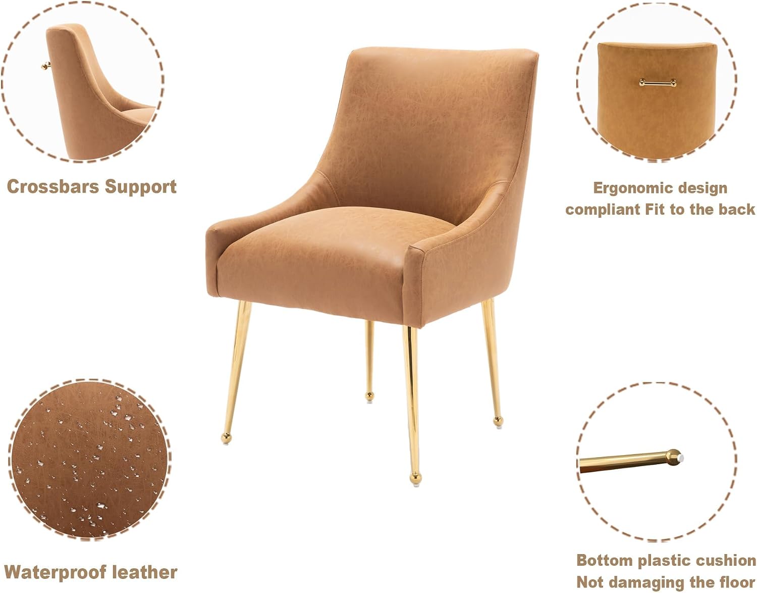 Dining Room Chair Faux Leather Vanity Chairs Set of 4 Mid-Century with Metal Legs Upholstered PU Leather Luxury Accent Chairs Living Room Restaurant(Brown)