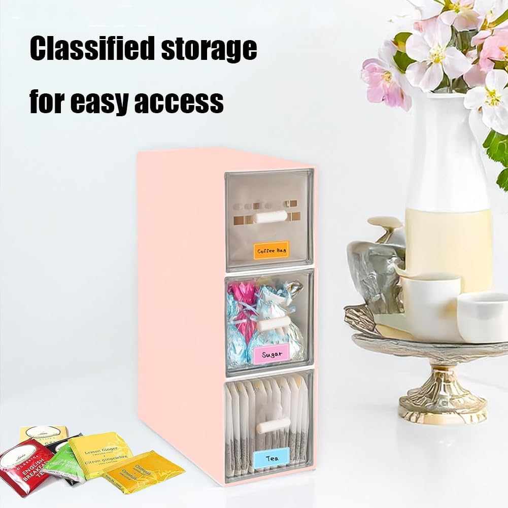 Plastic Clear Tea Box, Tea Bag Organizer with 3 Drawers for Sugar Sachets | Stackable Storage Drawers, Makeup Organizer, Stackable Tea Bag Storage for Coffee, Cosmetic, Jewelry, Bathroom Organization