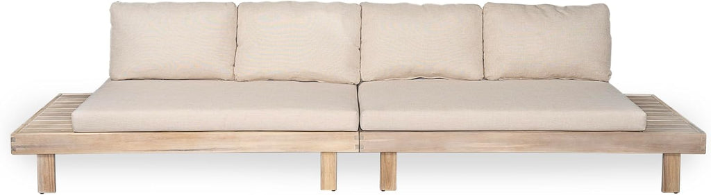 Merax 5 Piece Paito 8-Seaters Conversation Set, All-Weather Acacia Wood L-Shaped Sofa with Side Tables and 3-Seater Sofa Bed with Cushions,Outdoor Sectional Couch Set for Backyard, Light White+Sand