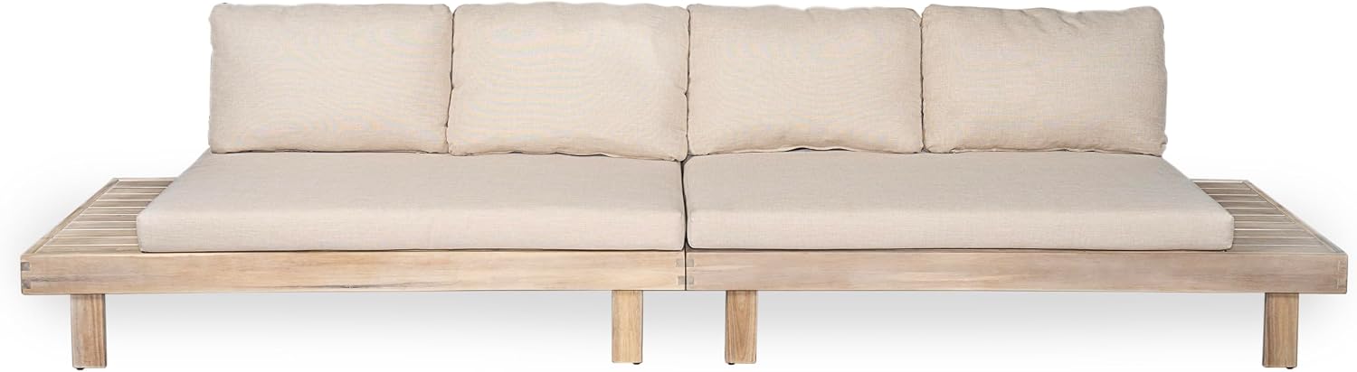 Merax 5 Piece Paito 8-Seaters Conversation Set, All-Weather Acacia Wood L-Shaped Sofa with Side Tables and 3-Seater Sofa Bed with Cushions,Outdoor Sectional Couch Set for Backyard, Light White+Sand