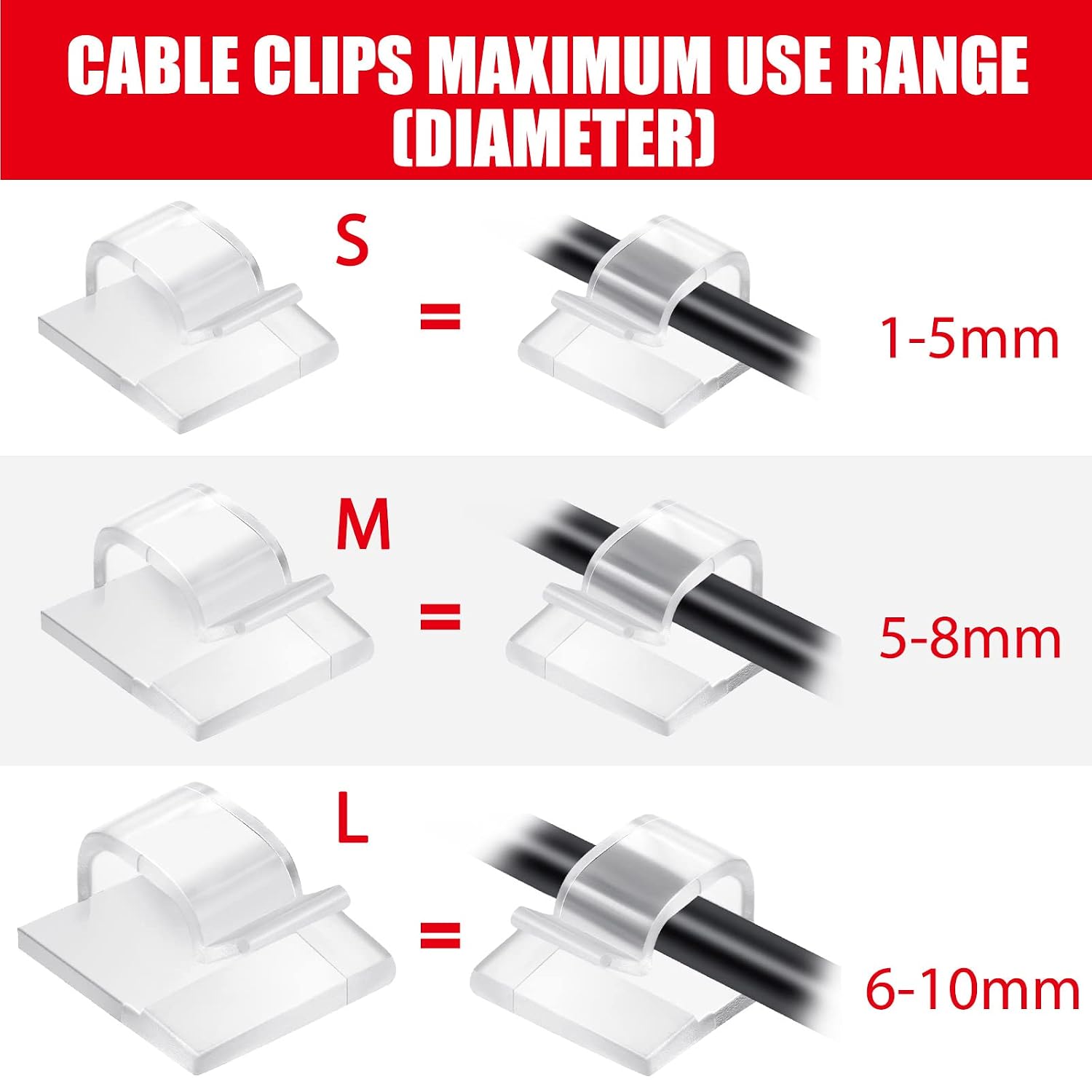 Maitys 60 Pcs Adhesive Cable Wire Clips Outdoor, Christmas Light Clips Cable Management Cord Holder Organizer for Fairy String Light Under Desk, Wall, Car, TV PC Ethernet(Large,Clear)