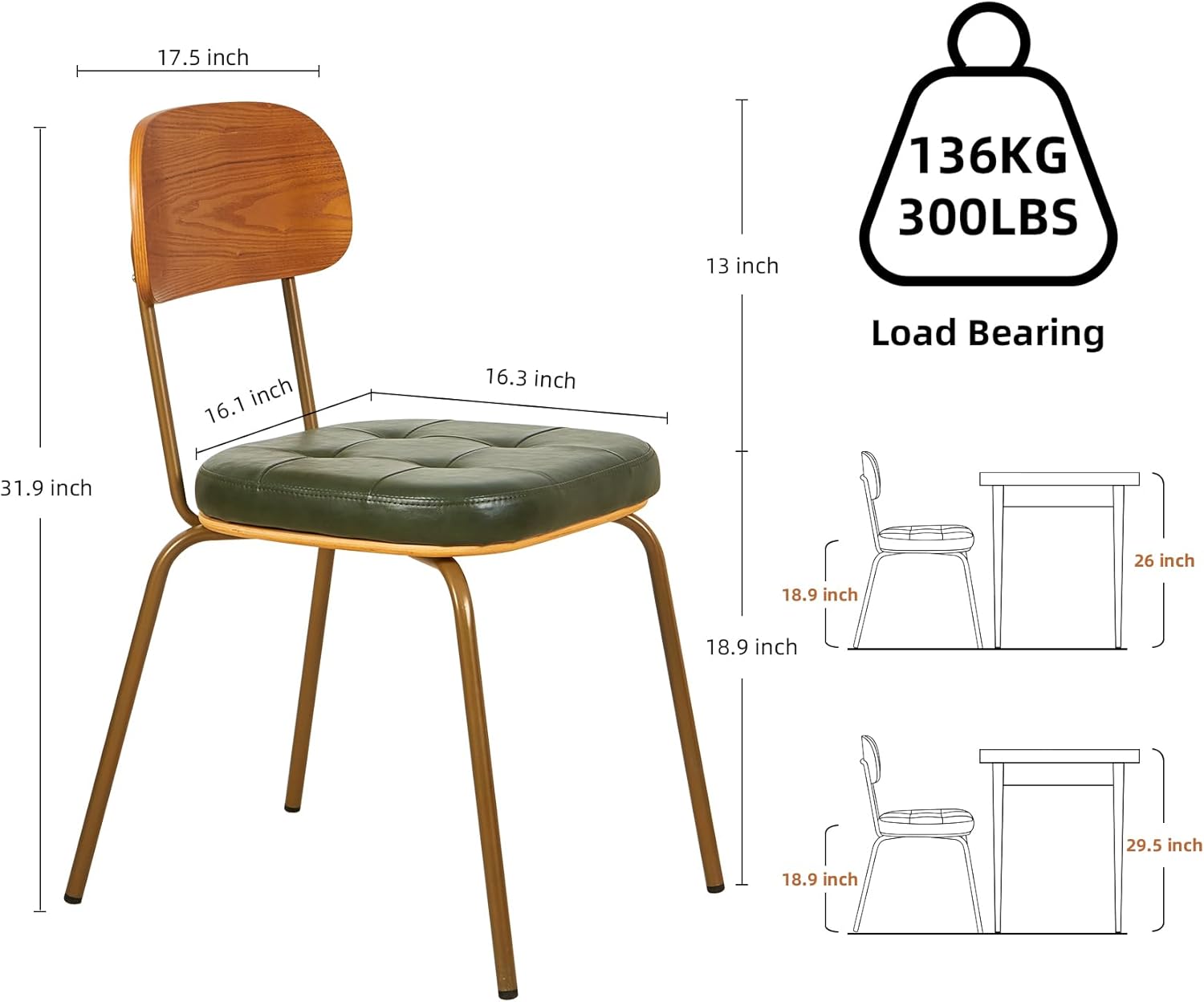 Mid Century Modern Dining Chairs Set of 6, Retro Chair with Faux Leather Upholstered Seat & Solid Wood Backrests & Vintage Distressing Metal Legs & Leg Protectors for Kitchen Dining Room (Dark Green)