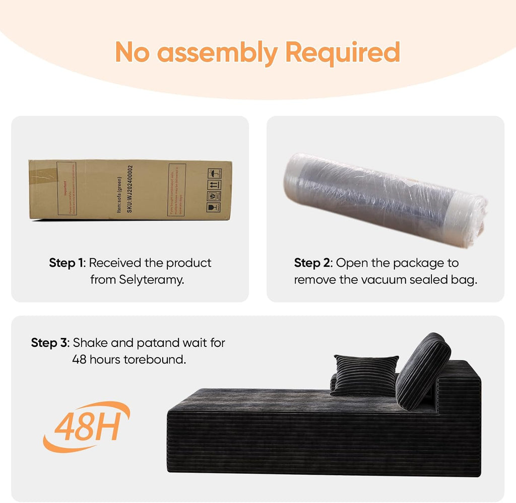 67" Sofa Bed, Boneless Chaise Lounge Chair, Plush Corduroy Upholstered Sofa Couch Bed with Pillows, Lazy Chair for Living Room Bedroom Guest Room (Black, Left Facing Chaise)
