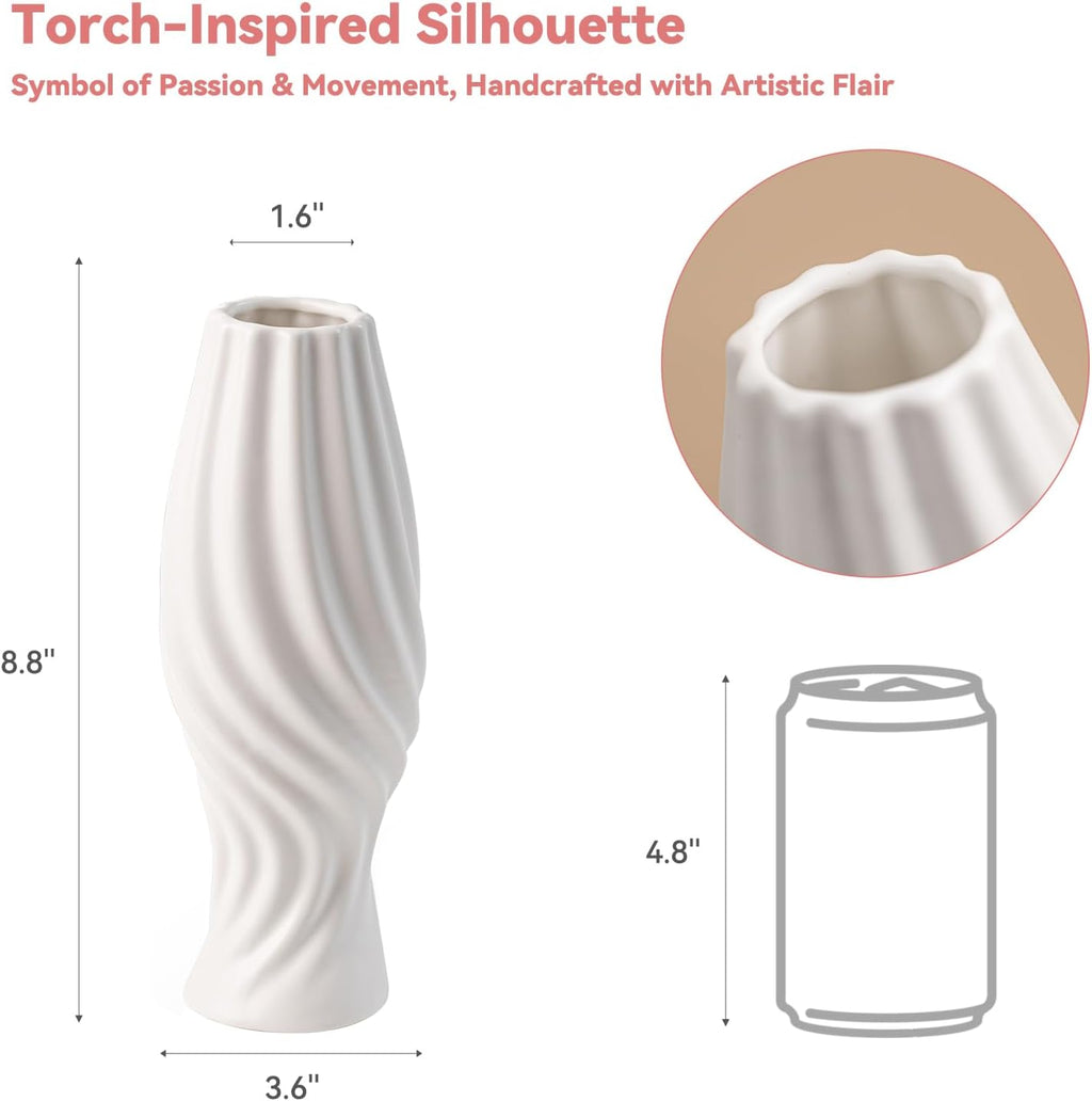 White Ceramic Torch Vase with Spiral Design - 8.8" Unique Flower Vase for Pampas Grass & Centerpieces, Decorative Boho/Farmhouse Vase for Living Room, Office Desk & Gift for Her/Yourself