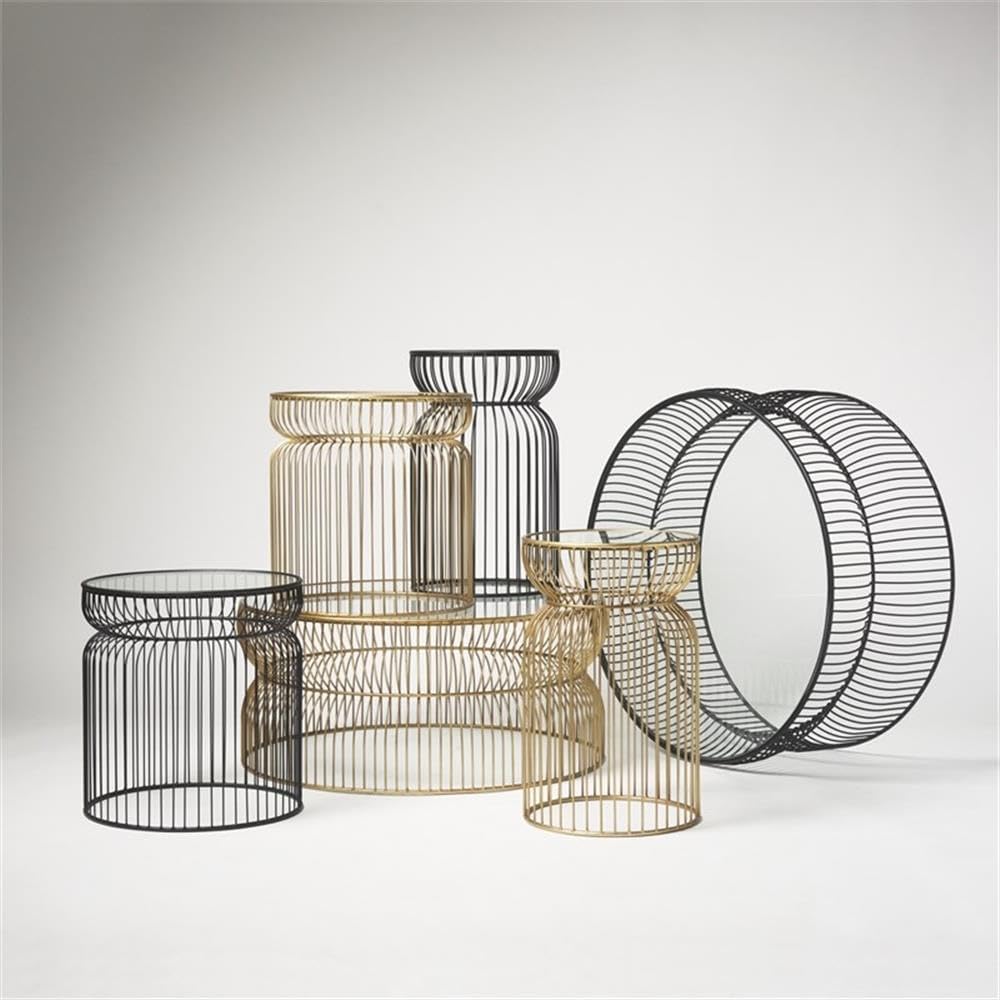 Pemberly Row Set of 2 Round Metal Accent Tables, Gold Cage-Like Base, Tempered Glass Top, Contemporary Design, 30.7x18.9x20.1 in Each, Elegant Style for Living Room or Lounge