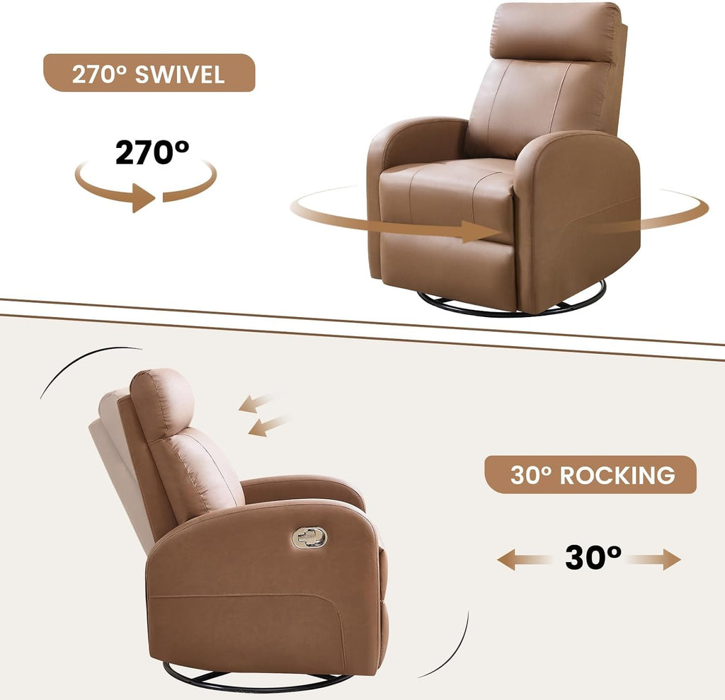 Swivel Rocker Recliner Chairs, Manual Faux Leather Recliners, 360° Swivel Nursery Reclining Chair Glider Rocking Recliner with Adjustable Headrest Highback for Living Room, PU Coffee