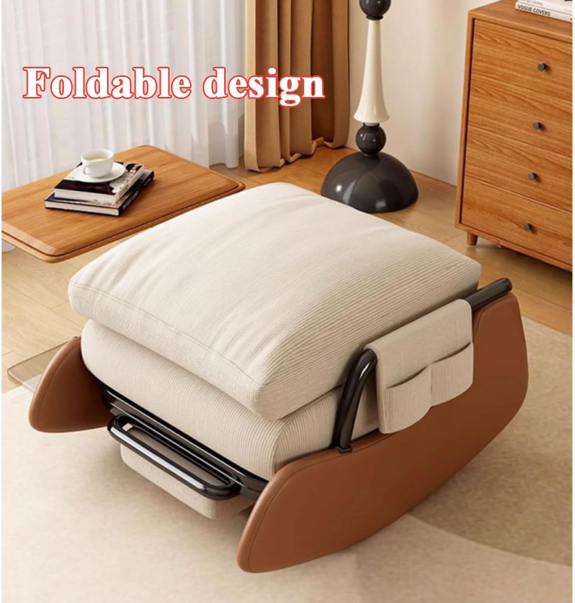 Rocking Chair Nursery Upholstered Leisure Recliner Chairs Back Adjustable,Living Room Accent Chair for Relax Napping Lazy Sofa Chairs(Beige+Black,Without)