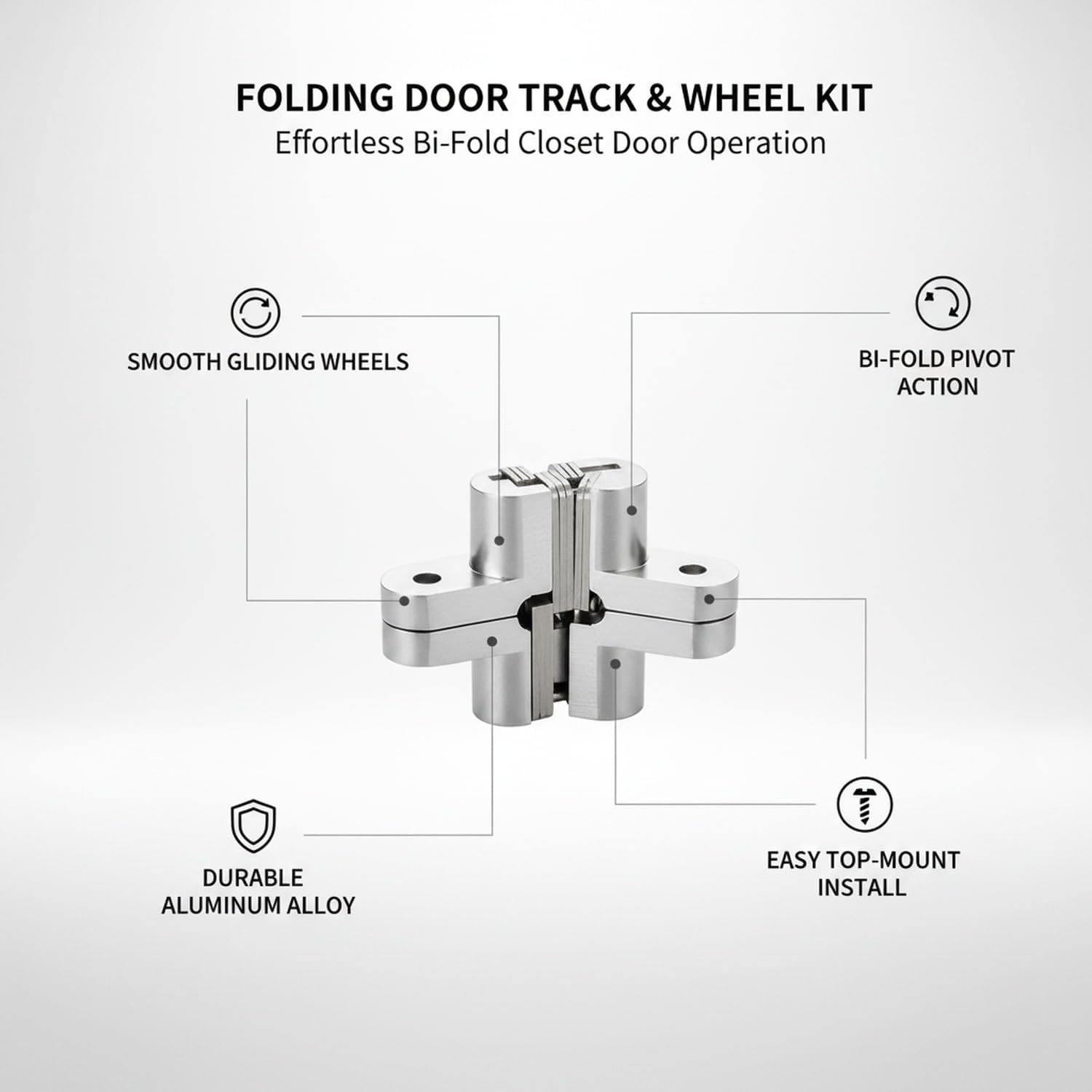 Aluminum Alloy Bi-Fold Door Track and Wheel Kit, Top Mount Hardware for Closet Doors & Room Dividers, Silver Finish Replacement Set