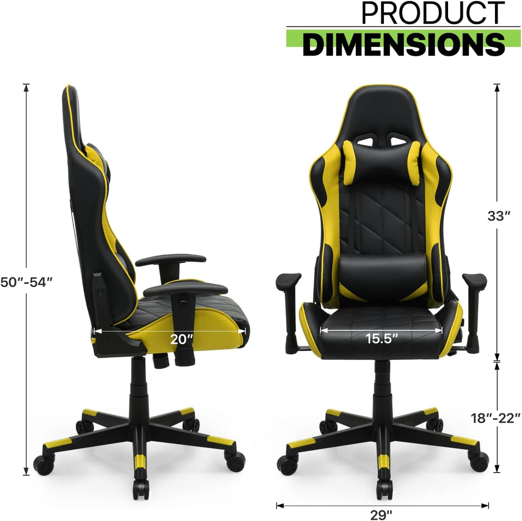 Magshion Gaming Chair, 90°-130° Reclining High-Back Gaming Chair with Lumbar Support, Ergonomic Adult Adjustable-Height Recliner for Home Office, 250 LBS Capacity, Yellow