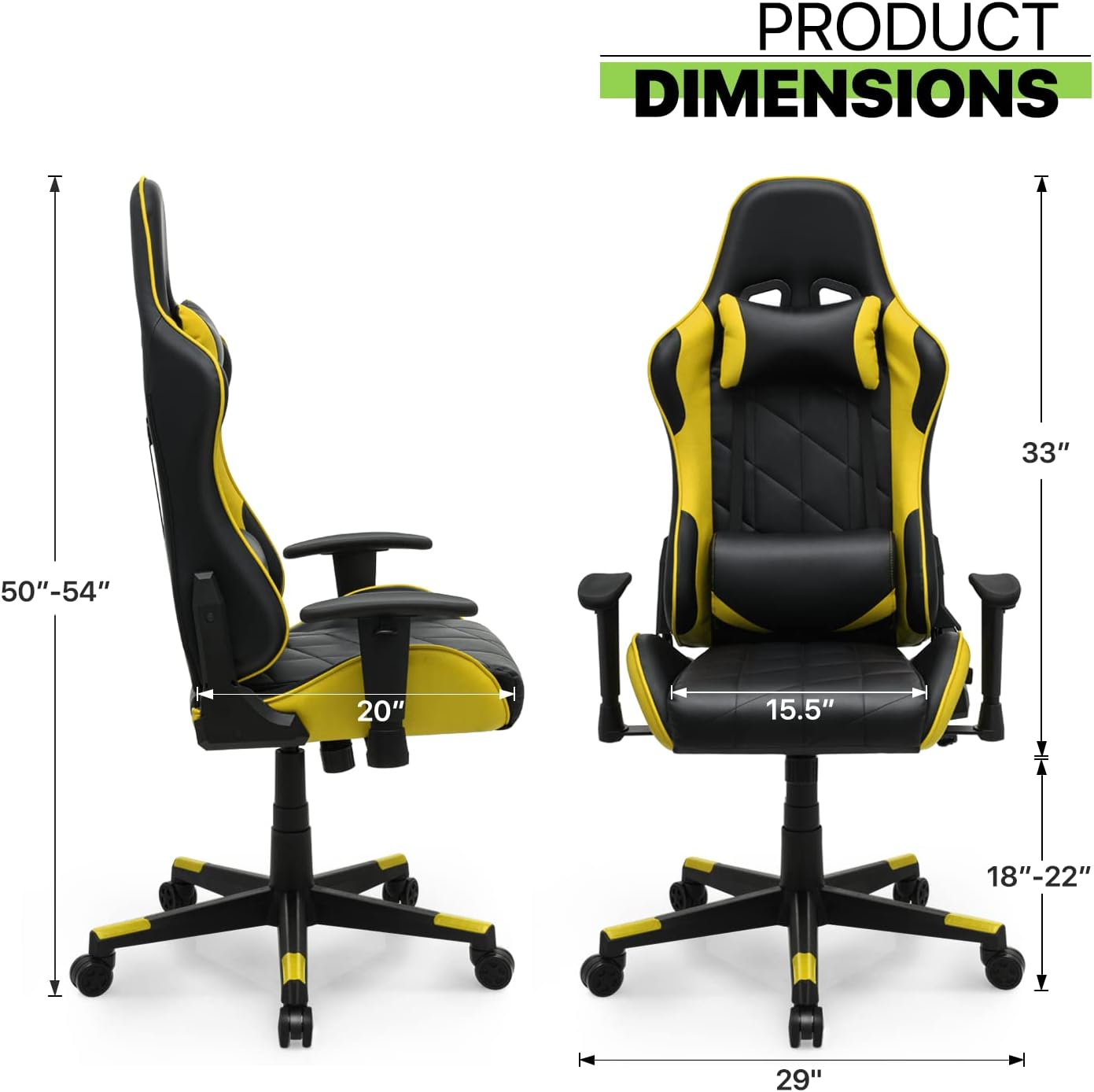 Magshion Gaming Chair, 90°-130° Reclining High-Back Gaming Chair with Lumbar Support, Ergonomic Adult Adjustable-Height Recliner for Home Office, 250 LBS Capacity, Yellow