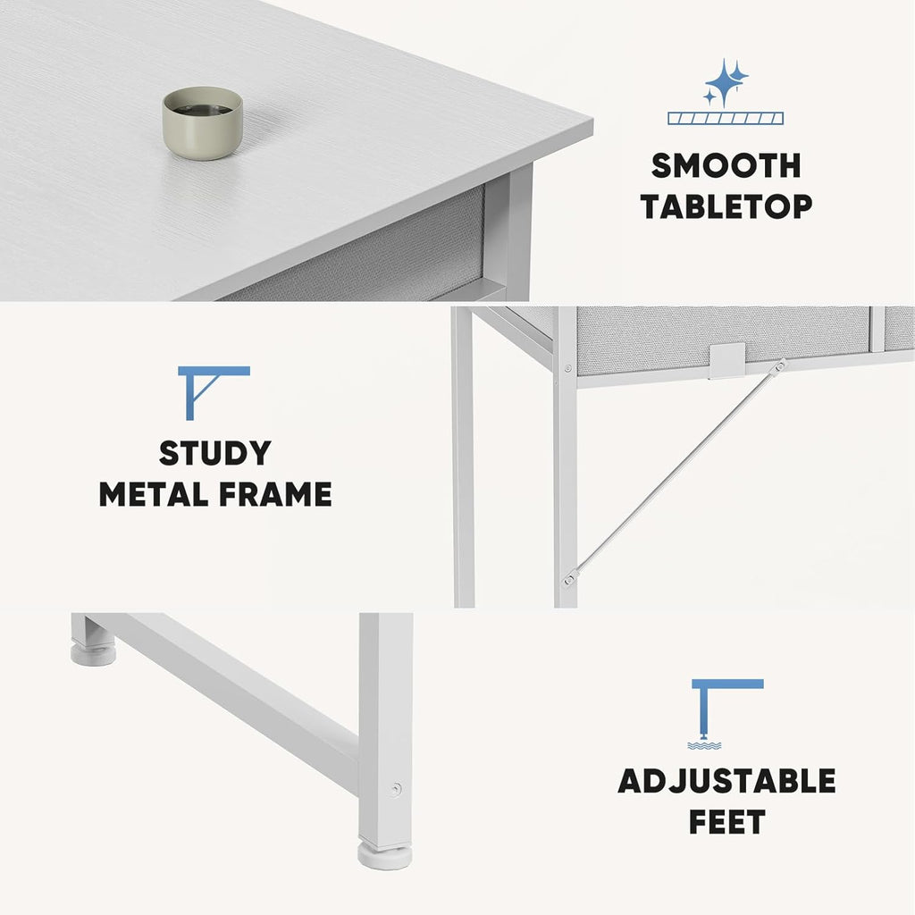 32" Small Gaming Desk with Drawers, Home Office Computer Writing Study Table with Storage Side Bag, Headphone Hook, and Adjustable Feet for Bedroom, White