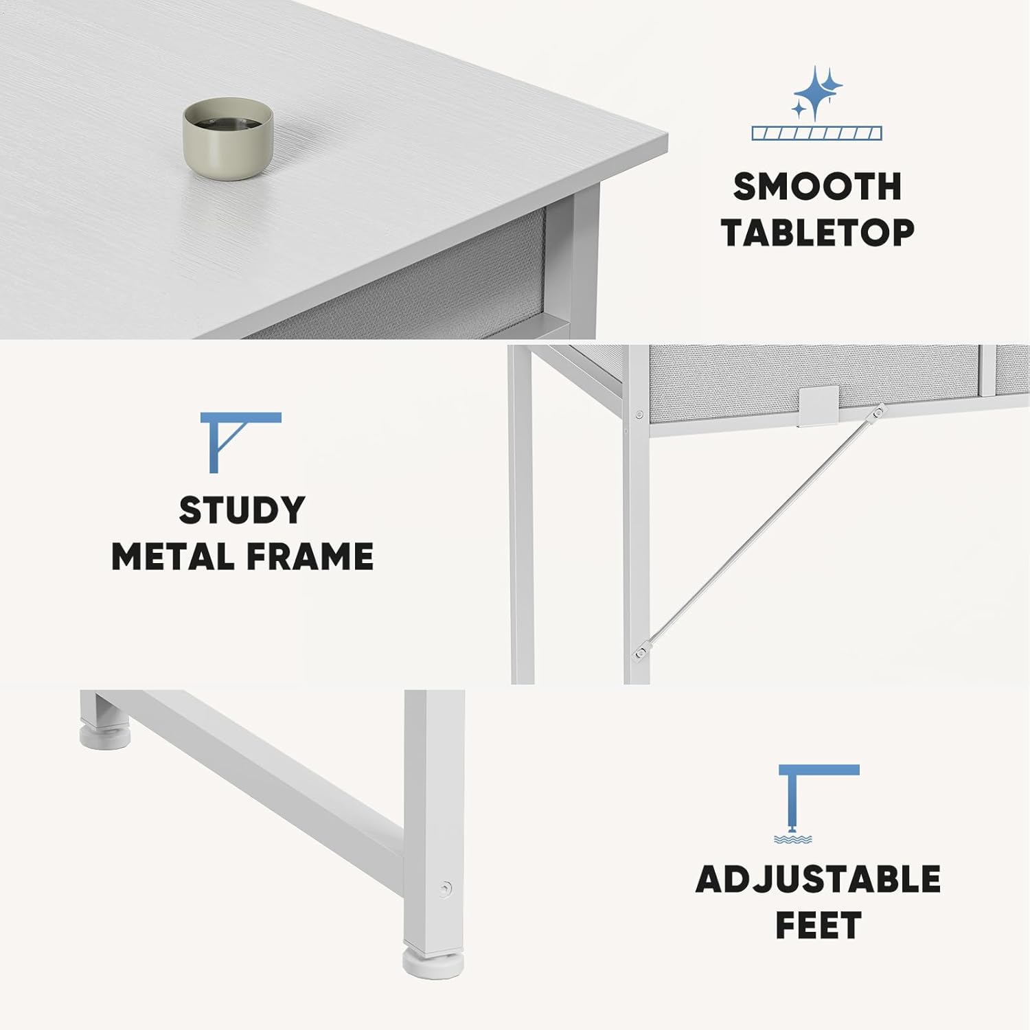 32" Small Gaming Desk with Drawers, Home Office Computer Writing Study Table with Storage Side Bag, Headphone Hook, and Adjustable Feet for Bedroom, White