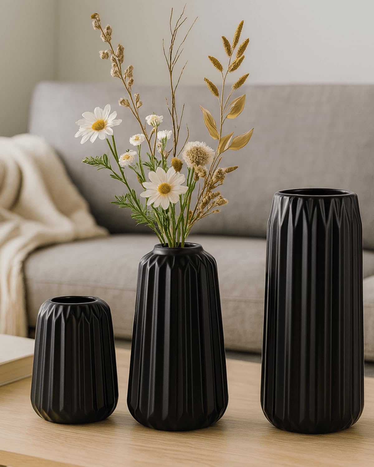 Black Ceramic Vases Set of 3 – Modern Ribbed Vase Centerpieces for Pampas Grass, Eucalyptus, Dried or Fresh Flowers, Minimalist Home Decor for Living Room, Bookshelf, Table & Office