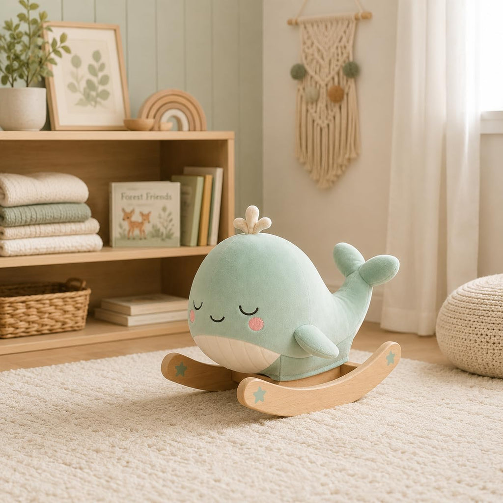 Juju Rocking Whale Soft Velour Rocker – Mint Cushioned Whale on Natural Beechwood Base with Painted Star Accents – Cozy Nursery Decor Accent – Embroidered Sleepy Face Design